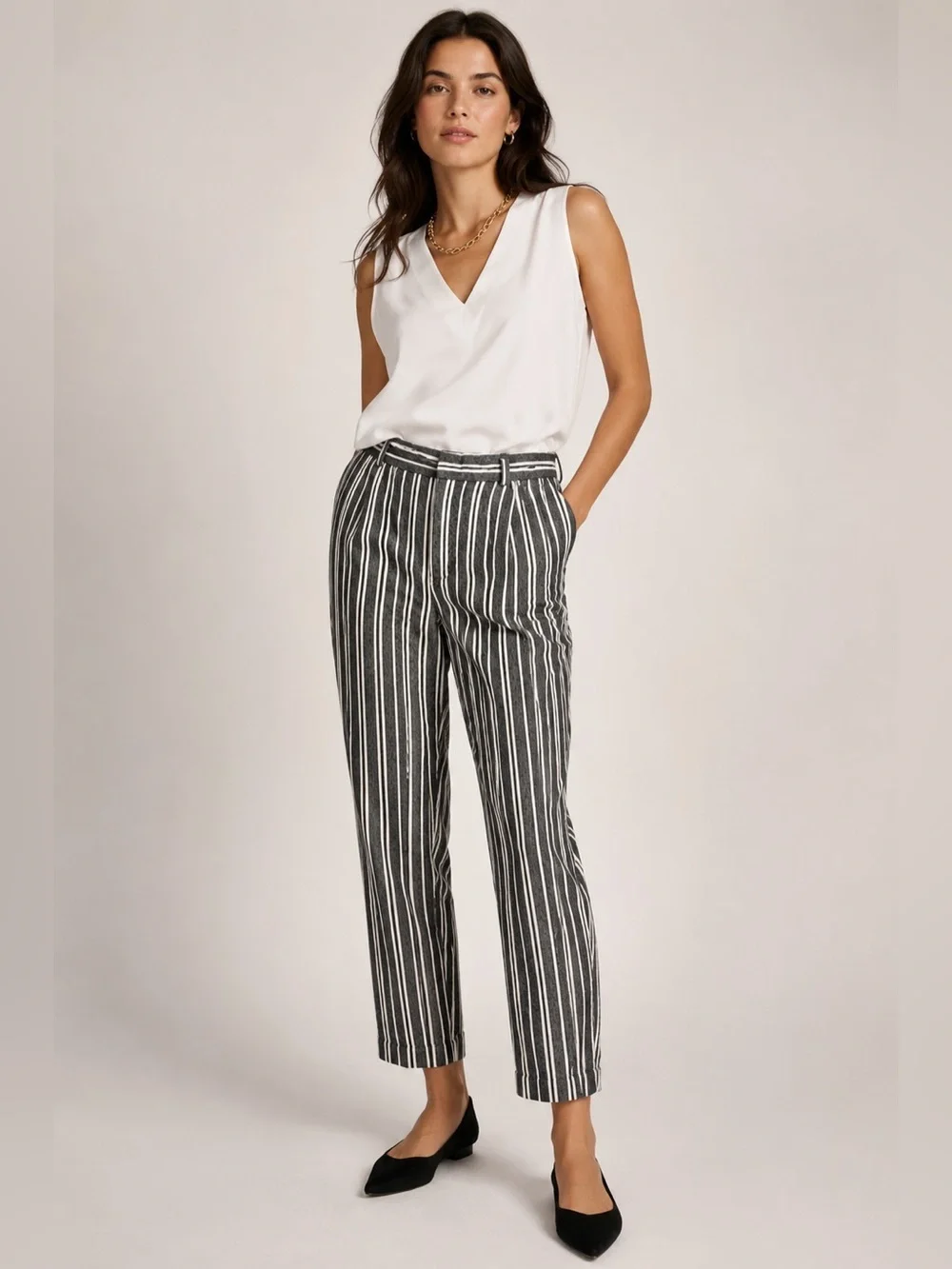 Banana Republic Avery Linen Blend Stripe Ankle Pants Size 10 Black White Career